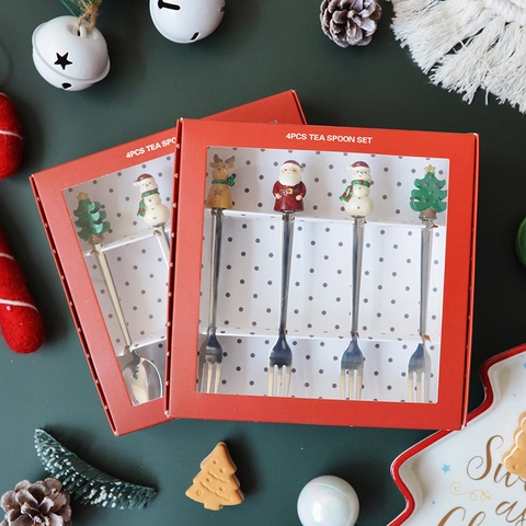 Christmas Stainless Steel Coffee Spoons Fruit Forks With Santa Snowman Reindeer Tree Resin Ornament Holiday Party Gift Box Cutlery