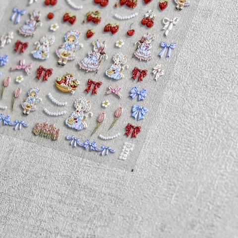 3D Embossed Nail Art Stickers Retro Japanese Style Strawberry Cat Girl PET DIY Decorative Decals For Women