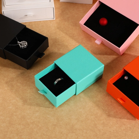 Jewelry Box Drawer Style Paper Packaging Gift Box With Ribbon Handle And Black Sponge Lining For Ring Necklace Earring