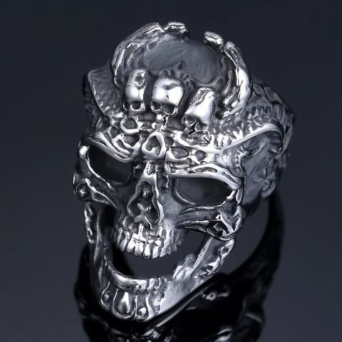 Gothic Skull Ring Stainless Steel Vintage Punk Rock Biker Jewelry For Men Stacked Small Skulls