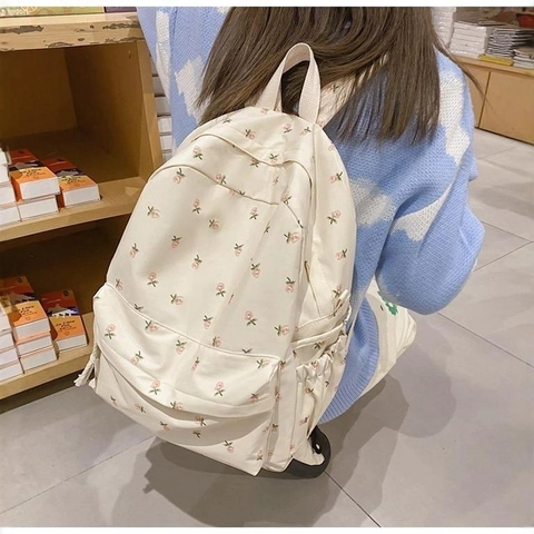 Sac À Dos Imprimé Fleuri Pour Femmes Filles Grande Capacité Nylon Toile École Style Japonais Frais Doux Impression