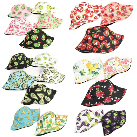 Chapeau Bob Réversible Coton Polyester Imprimé Fruits Dessin Animé Protection Solaire Été Unisexe