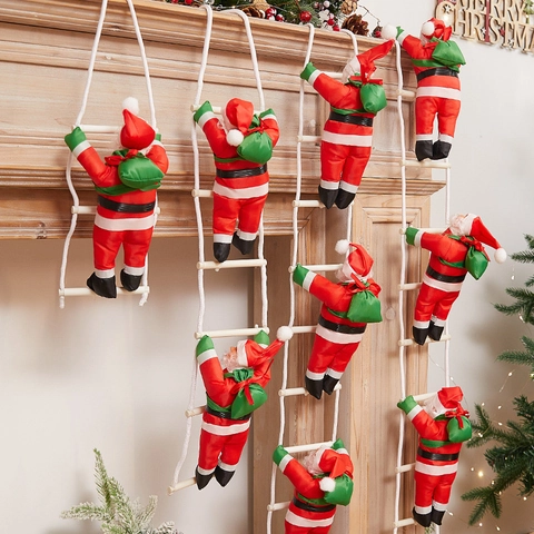 Christmas Santa Claus Climbing Ladder Rope Hanging Ornament Polyester Wood Festive Party Decoration Home Xmas Tree Decor