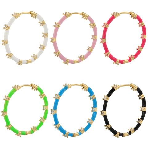 Koperen Emaille Creolen Met Zirconia Kleurrijke Ronde Geometrische Druppel Olie Mode Sieraden Voor Dames