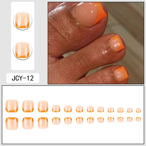 Press On Toenails Orange French Tip Gradient Ombre Style Glossy Square Shape False Toe Nails For Women