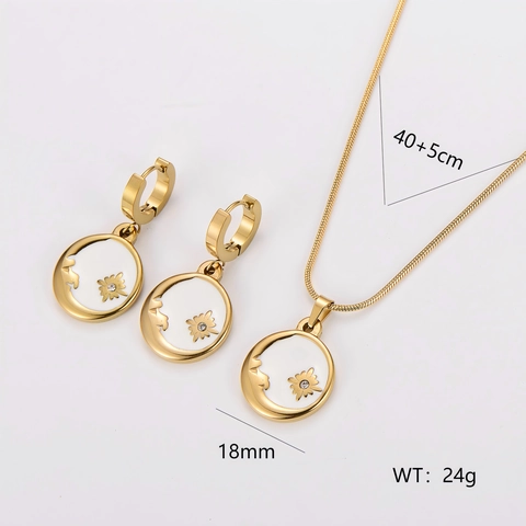 Stainless Steel Jewelry Set For Women 18K Gold Plated Round White Shell Sun Moon Stars Necklace And Earrings Celestial