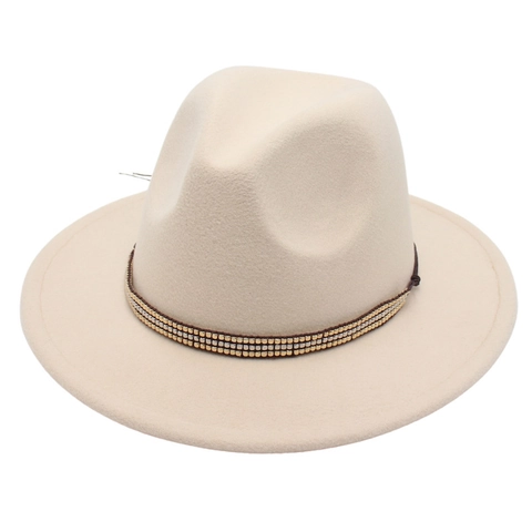 Fedora Hat Woolen Felt Wide Brim Retro Jazz Cap With Triple Row Metallic Bead Band British Style For Women Men