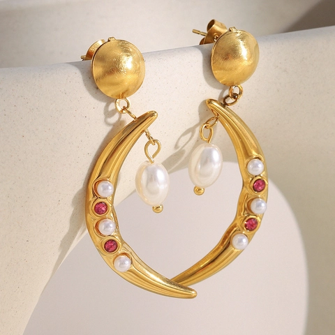 Pendientes De Botón De Luna Creciente Acero Inoxidable Chapado En Oro 18K Con Perla Artificial Y Circón Elegantes Para Mujer