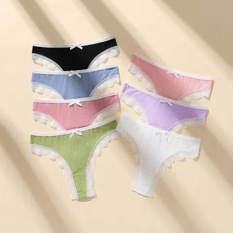 String Sexy Pour Femme En Polyester Côtelé Sous-Vêtements Respirants Taille Basse Avec Dentelle Et Nœud Mignon