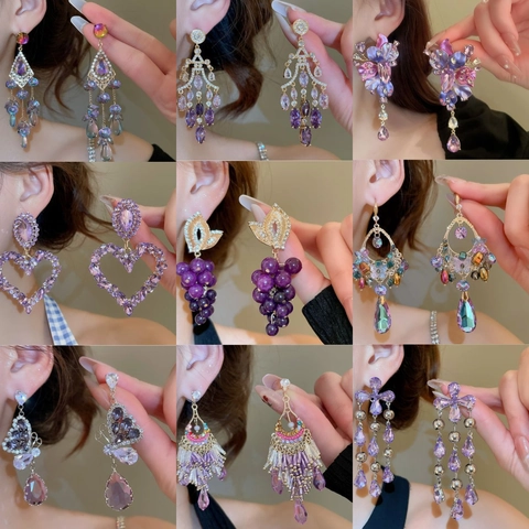 Orecchini Pendenti Viola Con Perno In Argento Sterling 925 Lega Strass Lusso Vintage Fiocco Nappa Per Donna