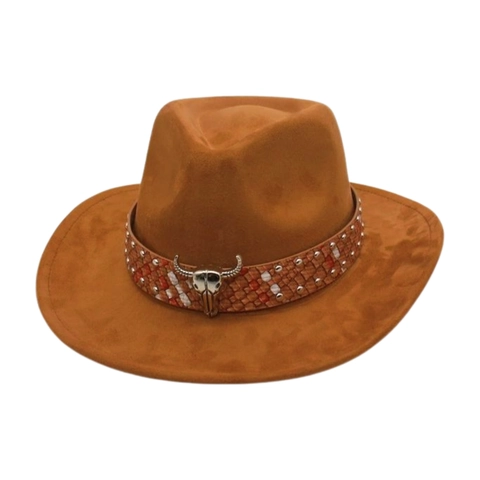 Western Cowboy Hat Vintage Faux Suede With Metal Bull Head Rivet Braided Band Wide Brim Jazz Fedora For Men Women