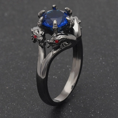 Gothic Double Head Dragon Ring Black Alloy Rhinestone Crystal Dark Fantasy Punk Jewelry Vintage Style Accessory