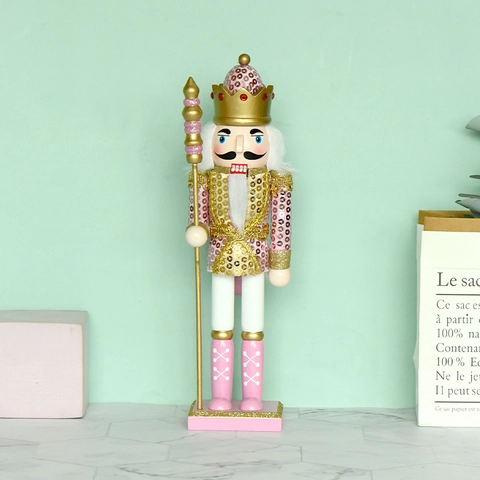 Nutcracker Soldier King Figurine Wooden Pink Gold Sequin Christmas Decor Tabletop Ornament Hand Painted