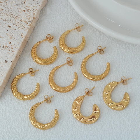 Pendientes de Aro Minimalistas de Acero Inoxidable en Forma de C para Mujer Moda Galvanizada Oro Plata Joyas Geométricas Texturizadas