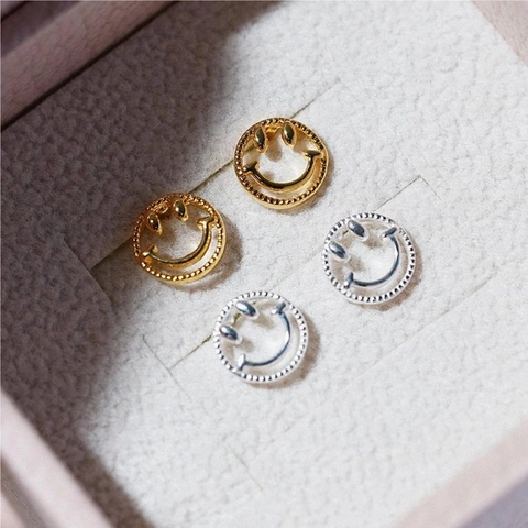 Hollow Smile Face Stud Earrings With 925 Sterling Silver Earring Post Minimalist Circular Beaded Edge Jewelry For Women