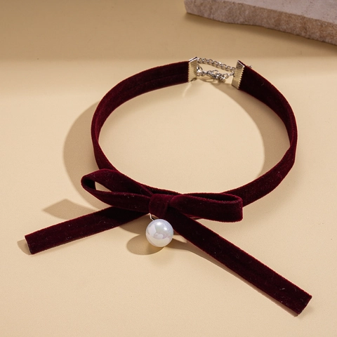 Collar Gargantilla De Terciopelo Burdeos Con Lazo Y Colgante De Perla Artificial De Imitación Estilo Retro Francés Ajustable