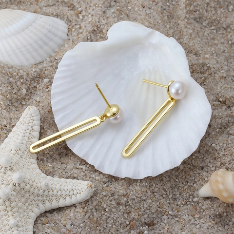 925 Sterling Silver Freshwater Pearl Drop Earrings Geometric Gold Plated Minimalist Geometric Dangle Earrings For Women