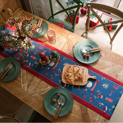 Christmas Table Runner Jacquard Knitted Fabric With Tassels Santa Snowman Reindeer Holiday Party Dining Home Decor