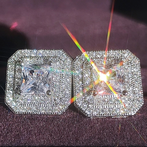 Square Princess Cut Zirconia Stud Earrings For Women Copper Geometry Halo Inlaid Earrings Elegant Classic Jewelry Accessories