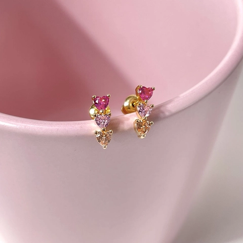 Heart Shaped Earrings Brass Triple Cubic Zirconia Gradient Color Vertical Design Romantic Jewelry Gift For Women