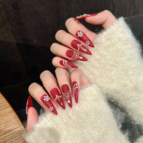 Handmade New Chinese Style China Red Press On Nails Peony Pattern Faux Pearl Rhinestone Long Teardrop Nails For Wedding Festive Women