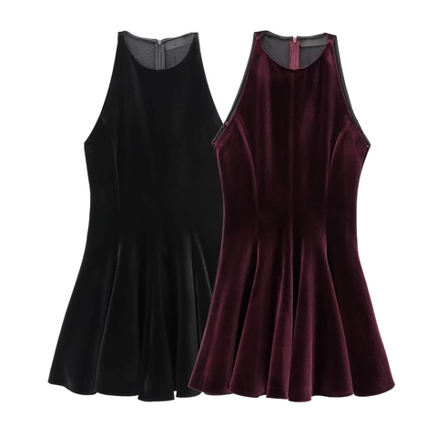 Women Velvet Halter Mini Dress Backless Sleeveless A-Line Solid Color Sexy Elegant Party Clubwear Dress