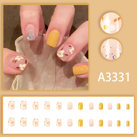 Kurze Quadratische Aufklebbare Nägel Gelbe Gänseblümchen Künstliche Falsche Nagelspitzen Mit Glitzer Süßer Stil Für Frauen