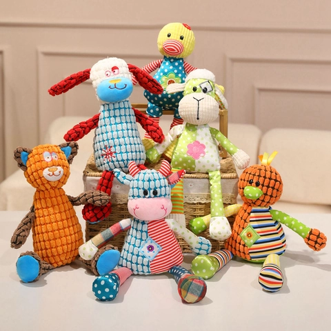 Cute Animal Plush Toy Patchwork Corduroy Fabric Doll For Kids Comforting Cat Sheep Dog Duck Cow Bird Home Decor