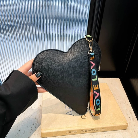 Fashion Heart Shaped Clutch Bag PU Leather Litchi Texture Coin Purse With Colorful Love Letter Wristband Women Handbag