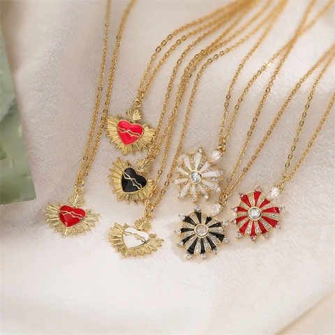 Sacred Heart Pendant Necklace Gold Plated Copper Micro Pave Zirconia Enamel Sunburst Vintage Religious Jewelry For Women