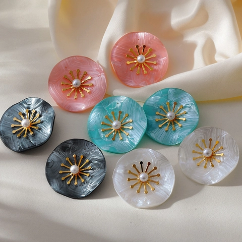 Vintage Stainless Steel Floral Stud Earrings With Artificial Pearl Marble Texture Resin Round Flower Earrings For Women Fashion Jewelry
