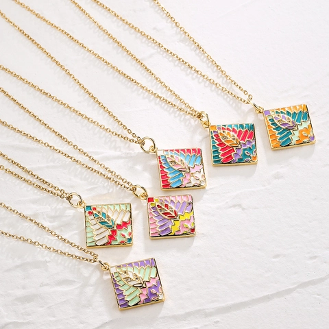 Geometric Square Pendant Necklace Copper Colorful Enamel Micro Pave Cubic Zirconia Jewelry For Women Bohemian Style