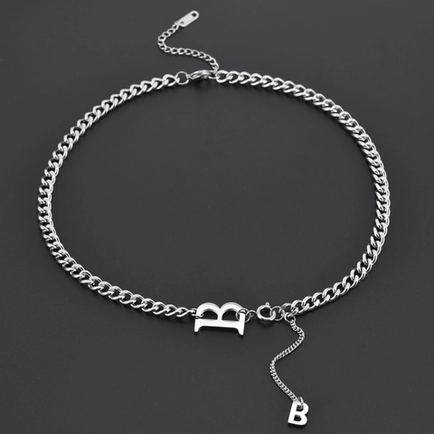 Fashion Titanium Steel Letter B Pendant Necklace Women Exaggerated Chunky Cuban Chain Layered Tassel Sweater Chain