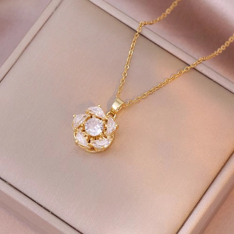 Titanium Steel Flower Pendant Necklace Heart Zirconia Jewelry Set For Women Gold Plated Elegant Floral Necklaces And Ring Set