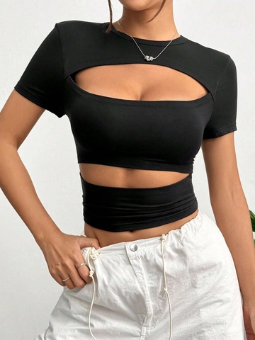 Camiseta Corta Sexy Para Mujer Con Aberturas Manga Corta Viscosa Elastano Ajustada Y2K Color Sólido