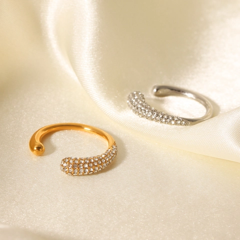 Stainless Steel Open Ring Rhinestone Adjustable Geometric Minimalist Jewelry For Women Non Fading Luxury Style