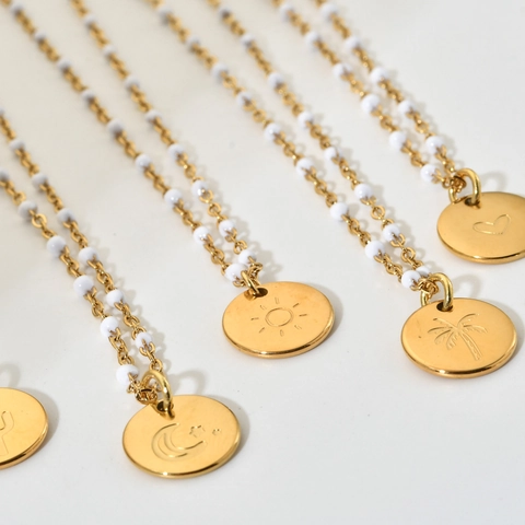 Stainless Steel Round Disc Pendant Necklace Gold Plated With White Beads Bohemian Retro Dainty Jewelry For Women