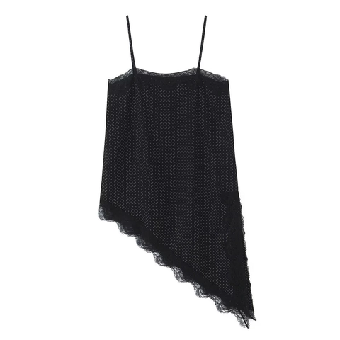 Canotta Da Donna A Pois Acrilico Bordo In Pizzo Orlo Asimmetrico Spalline Sottili Sexy Casual Streetwear Senza Maniche