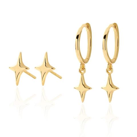 925 Sterling Silver Four Pointed Star Stud And Hoop Huggie Earrings Minimalist Polished Jewelry For Women Men
