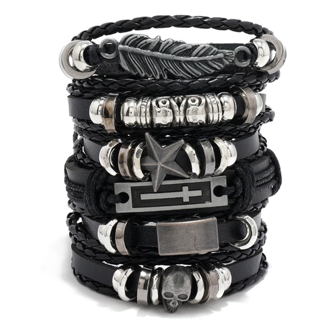 Herren Punk Leder Gewebt Armband Gothic Totenkopf Kreuz Feder Legierung Verstellbar Mode Schmuck