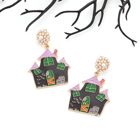 Orecchini Smaltati a Goccia d'Olio a Forma di Casa Stregata di Halloween per Donna in Lega di Zinco Perla Artificiale Lapide RIP Gioielli da Festa