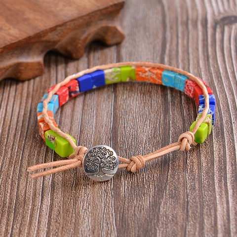 Handgefertigtes Naturstein Armband Echtes Leder Gewebt Bohemian Lebensbaum Vintage Verstellbarer Schmuck Für Damen