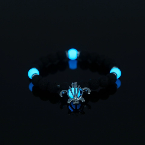 Black Lava Rock Volcanic Stone Luminous Beaded Bracelet With Alloy Turtle Pendant Glow In The Dark Elastic Rope Fashion