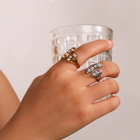 Retro Unregelmäßiger Geometrischer Edelstahl Offener Ring 18K Vergoldet Eingelegte Künstliche Perle Ring Für Damen Vintage Schmuck