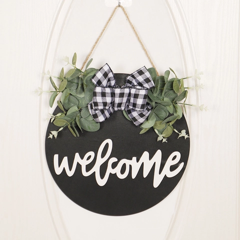 Runder Welcome-Schild Türhänger Holz-Kranz Mit Künstlichem Eukalyptus Und Büffelkaro-Schleife Bauernhaus Rustikale Deko
