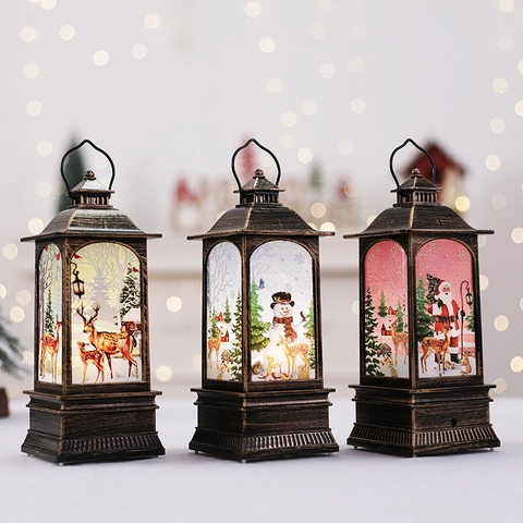 Linterna Musical De Navidad LED Retro Con Llama Artificial Decoración De Mesa Portátil Papá Noel Muñeco De Nieve Reno