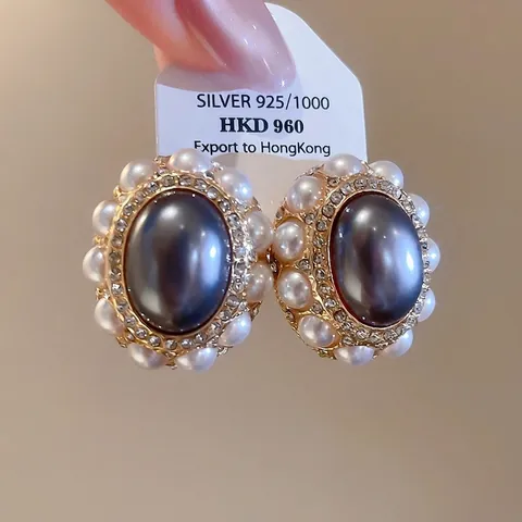 Pendientes Ovalados Barrocos Vintage Perla Artificial Gris Con Diamantes De Imitación Y Poste De Plata De Ley 925 Joyería Elegante