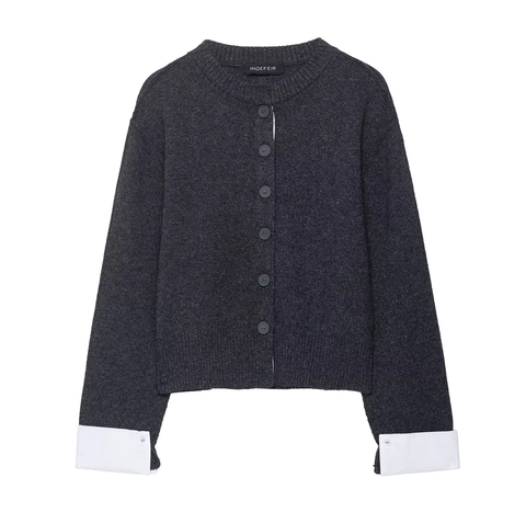 Damen Strickjacke Pullover Mock Layered Design Gespleißte Weiße Manschetten Knopfleiste Rundhals Langarm Lässig