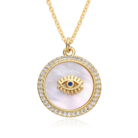 Collana con Pendente Occhio del Diavolo in Rame Placcato Oro con Intarsio di Strass Madreperla Smalto Gioielli Donna