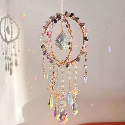Natural Raw Crystal Stone Suncatcher Hanging Ornament Rainbow Maker K9 Crystal Prism Dreamcatcher Style Home Decor